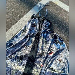 Black and white and blue silk tropical beach dress Coverup floral pattern O/S